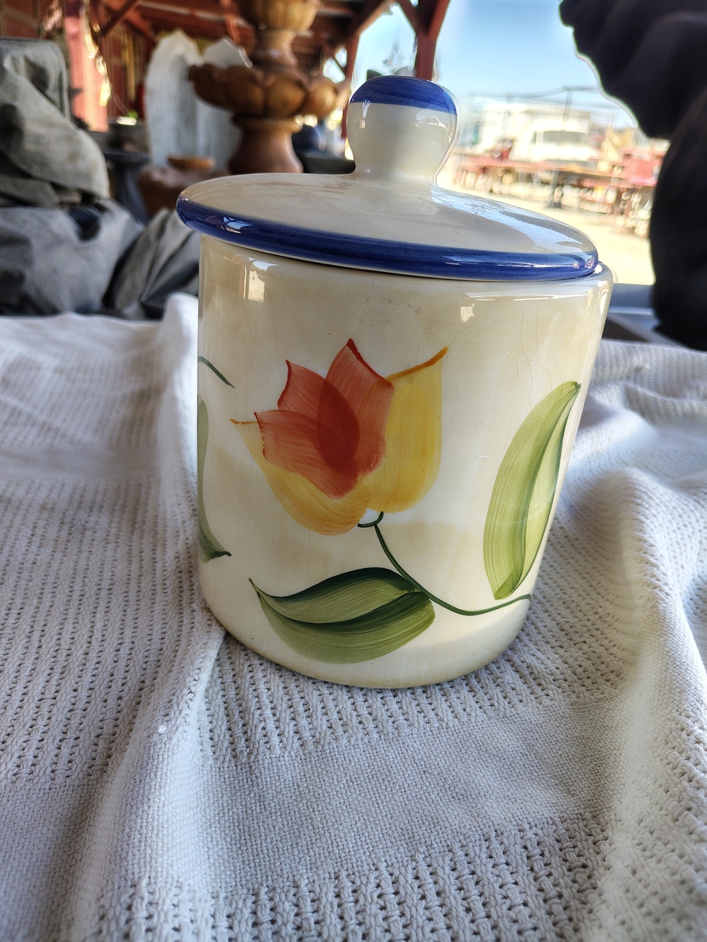 Vintage Wcl Ceramic Floral Canister with Blue Trim - Cream and Yellow